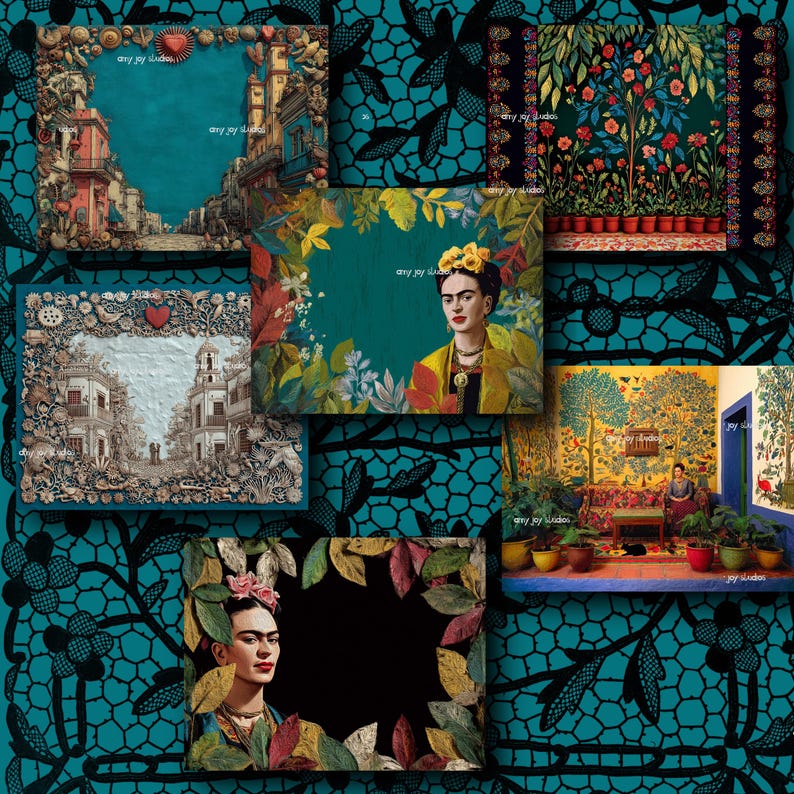 May include: A collage of images featuring Frida Kahlo and architectural scenes. The images are framed with decorative borders and set against a teal background with a black lace pattern. The images include vibrant colors and floral elements.