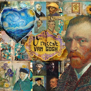 May include: A collage of images featuring the work of Vincent van Gogh. The collage includes a heart-shaped image of his famous Starry Night painting, a self-portrait, and several other paintings. The text "Vincent van Gogh" is prominently displayed in the center of the collage.