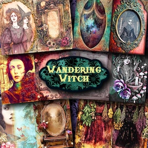 May include: A collage of vintage-style illustrations with a mystical theme. The images feature portraits of women, ornate frames, and botanical elements. The central image displays the text "Wandering Witch" in a decorative banner.