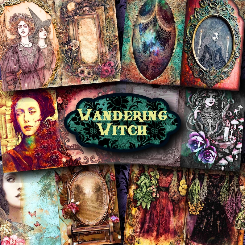 May include: A collage of vintage-style illustrations with a mystical theme. The images feature portraits of women, ornate frames, and botanical elements. The central image displays the text "Wandering Witch" in a decorative banner.