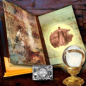 May include: An open book with a vintage illustration of a woman standing in a field with a cauldron. The book is open to a page with the text "Theatre Royal" and a vintage illustration of a woman in a dress standing in a field. A crystal ball sits on a gold stand in front of the book.