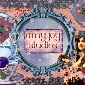May include: A collage featuring a vintage aesthetic with teacups, flowers, and a woman's portrait. The central element is a framed logo that reads "amy joy studios". The color palette includes shades of pink, purple, and teal, with star accents.