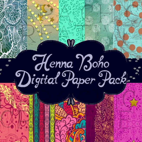 HENNA Boho Prints  Digital Paper Pack  Bohemian  Digital Download Digital Background - Printable Paper - Bohemian  Hippie   Scrapbook Paper