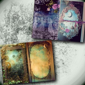 May include: Three decorative journals with detailed covers. The journals display illustrations of figures, moons, flowers, and architectural designs. The colour scheme includes purple, blue, green, and gold, with a vintage style.