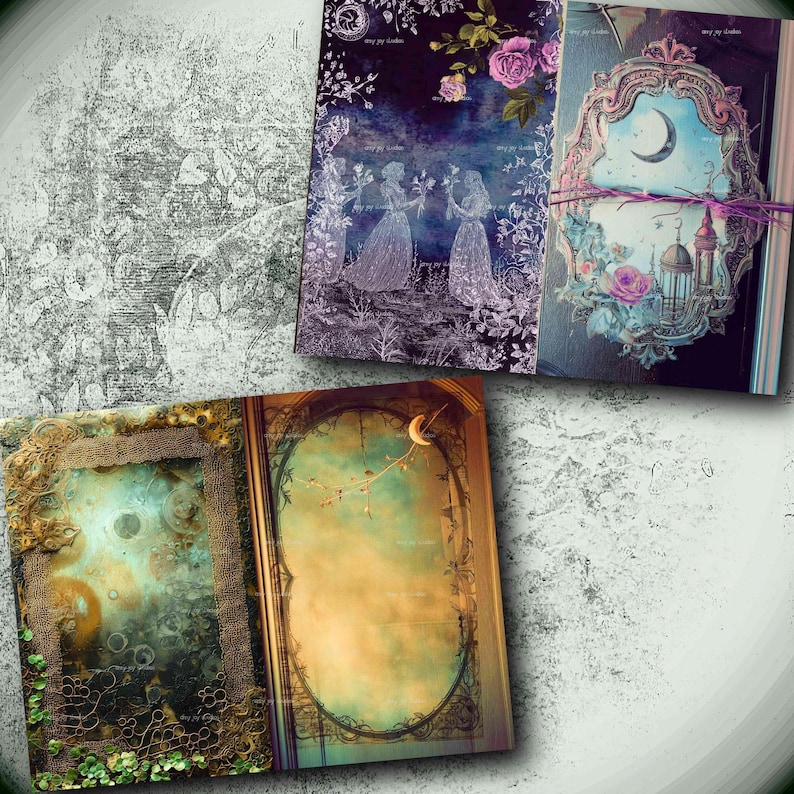 May include: Three decorative journals with detailed covers. The journals display illustrations of figures, moons, flowers, and architectural designs. The colour scheme includes purple, blue, green, and gold, with a vintage style.