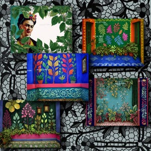 May include: A collage of five artistic renderings featuring vibrant botanical and portrait themes. One panel showcases Frida Kahlo, while others depict colorful walls with plant life, including leaves and potted plants, set against a lace-patterned background.