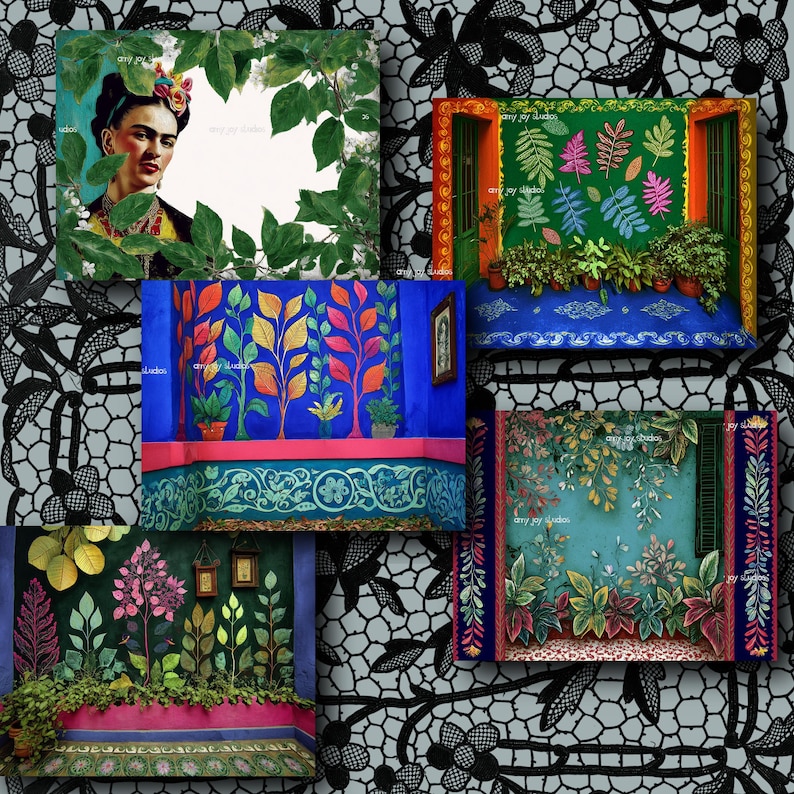 May include: A collage of five artistic renderings featuring vibrant botanical and portrait themes. One panel showcases Frida Kahlo, while others depict colorful walls with plant life, including leaves and potted plants, set against a lace-patterned background.