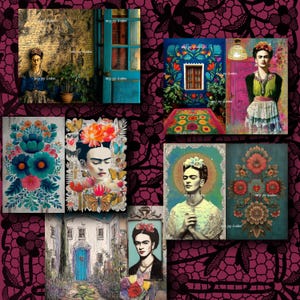 May include: A collection of art prints featuring portraits and artistic depictions of Frida Kahlo. The images showcase vibrant colors, floral motifs, and cultural elements. The prints are displayed against a dark, patterned background.