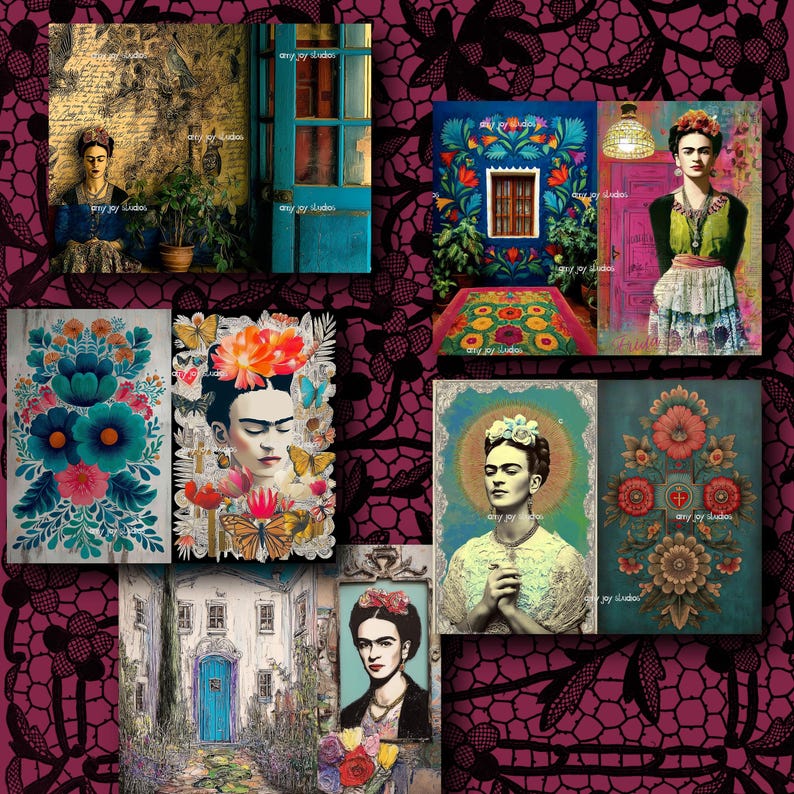 May include: A collection of art prints featuring portraits and artistic depictions of Frida Kahlo. The images showcase vibrant colors, floral motifs, and cultural elements. The prints are displayed against a dark, patterned background.