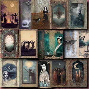 May include: A collection of framed art prints with a vintage aesthetic. The images feature mystical and gothic themes, including figures in flowing gowns, moons, butterflies, and a wolf. The color palette includes muted tones of teal, gold, and sepia.