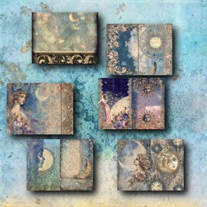 K&ouml;nnte beinhalten: Eine Sammlung von sechs quadratischen Kunstdrucken mit einem himmlischen Thema. Jeder Druck hat eine Vintage-&Auml;sthetik mit Illustrationen von Monden, Sonnen und Figuren in sanften Blau-, Gold- und Lilat&ouml;nen. Die Drucke haben verzierte R&auml;nder und einen strukturierten Hintergrund.