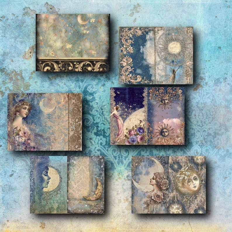 K&ouml;nnte beinhalten: Eine Sammlung von sechs quadratischen Kunstdrucken mit einem himmlischen Thema. Jeder Druck hat eine Vintage-&Auml;sthetik mit Illustrationen von Monden, Sonnen und Figuren in sanften Blau-, Gold- und Lilat&ouml;nen. Die Drucke haben verzierte R&auml;nder und einen strukturierten Hintergrund.
