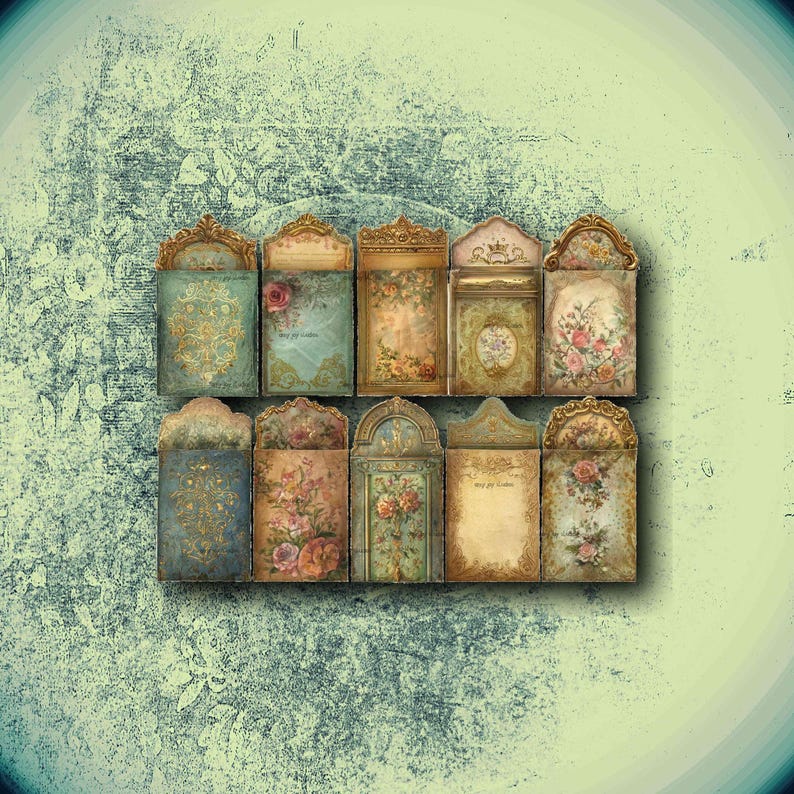 May include: Ten vintage-style decorative envelopes are displayed. Each envelope has a unique design with floral and gold ornate accents. The envelopes are arranged on a textured, teal background, creating a sense of nostalgia and elegance.