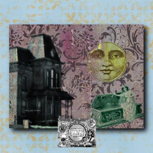 May include: A collage featuring a vintage-style illustration of a face with a large, round, yellow moon shape. The face has a serious expression with closed eyes and a slightly open mouth. The image also includes a dark, gothic-style house with a large, arched doorway and a small window. The house is set against a background of a faded, floral pattern. The image is framed by a textured, blue background with a white floral pattern.