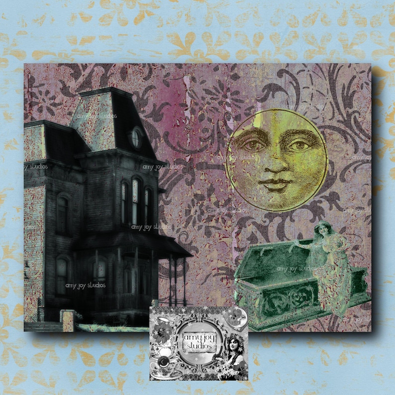May include: A collage featuring a vintage-style illustration of a face with a large, round, yellow moon shape. The face has a serious expression with closed eyes and a slightly open mouth. The image also includes a dark, gothic-style house with a large, arched doorway and a small window. The house is set against a background of a faded, floral pattern. The image is framed by a textured, blue background with a white floral pattern.