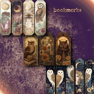 May include: A selection of decorative bookmarks with diverse designs. The bookmarks display illustrations of owls, moons, crystals, and floral elements. The word "bookmarks" is written in gold script. The colour scheme includes shades of purple, brown, and cream.