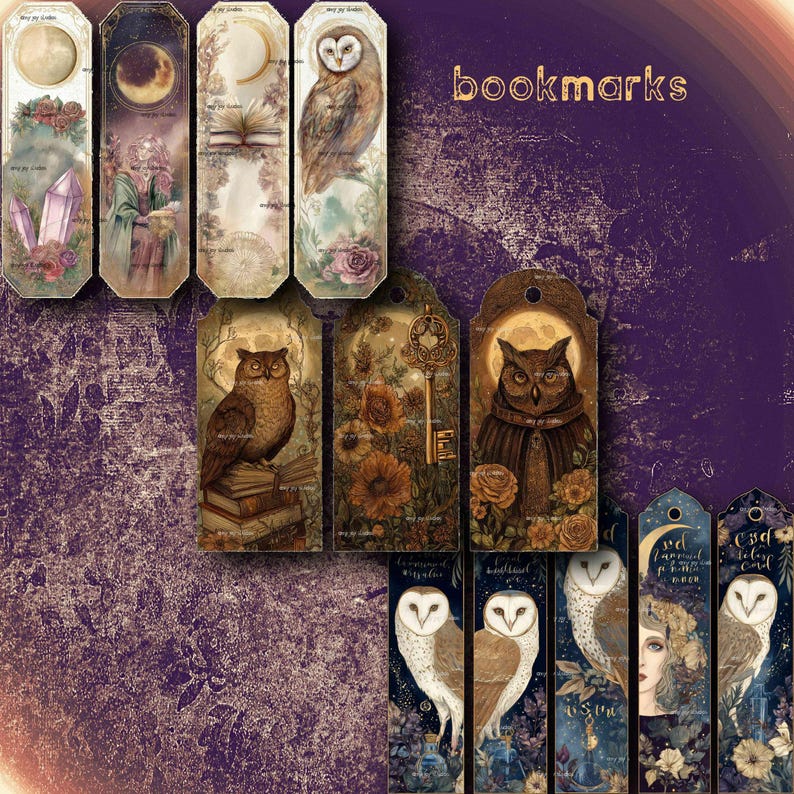 May include: A selection of decorative bookmarks with diverse designs. The bookmarks display illustrations of owls, moons, crystals, and floral elements. The word "bookmarks" is written in gold script. The colour scheme includes shades of purple, brown, and cream.