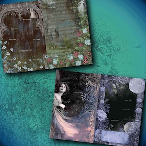 May include: Two open vintage-style journals with artistic illustrations. One features a woman in a flowing gown, the other a landscape with flowers and a figure. The colour palette includes blues, greens, and purples.