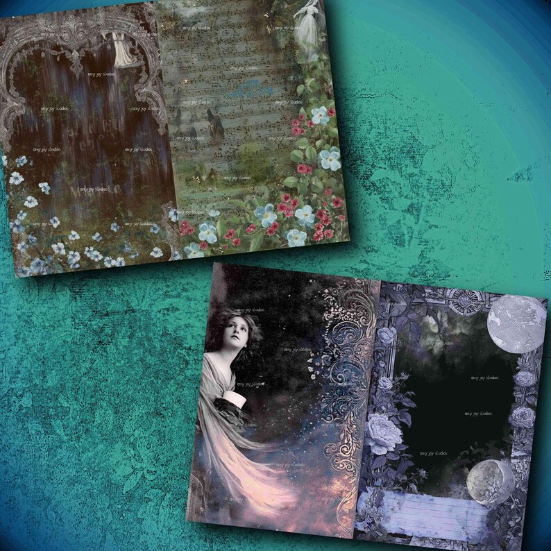 May include: Two open vintage-style journals with artistic illustrations. One features a woman in a flowing gown, the other a landscape with flowers and a figure. The colour palette includes blues, greens, and purples.