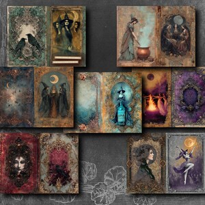 May include: A collection of vintage-style illustrations featuring witches, ravens, and mystical scenes. The artwork includes images of witches, moons, and a bottle labeled "LUNA". The color palette includes shades of teal, purple, and gold.