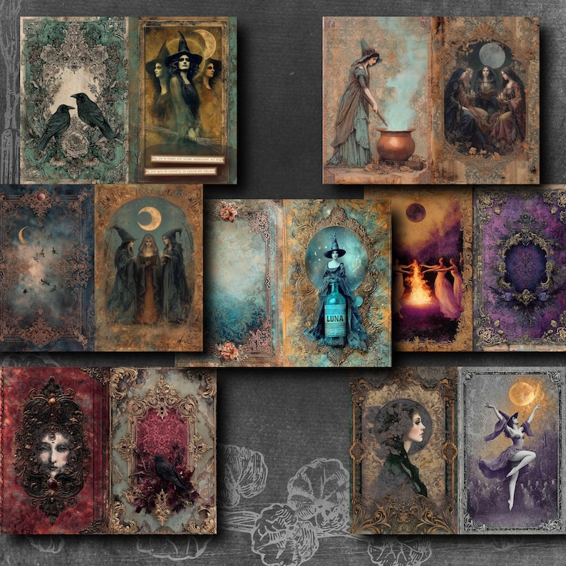 May include: A collection of vintage-style illustrations featuring witches, ravens, and mystical scenes. The artwork includes images of witches, moons, and a bottle labeled "LUNA". The color palette includes shades of teal, purple, and gold.