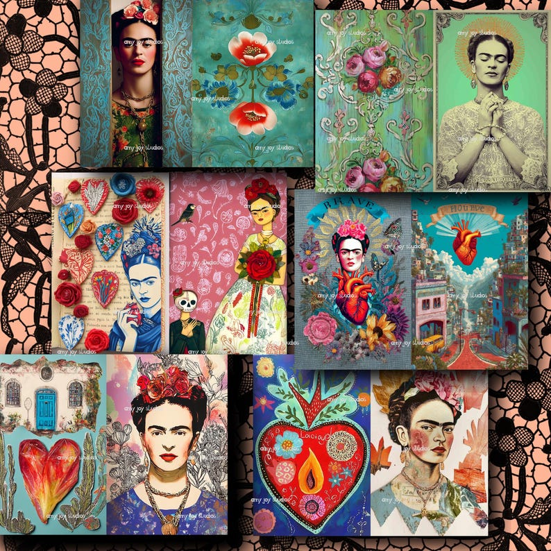May include: A collection of Frida Kahlo-themed art prints. The prints feature portraits, floral designs, and symbolic imagery. Colors include vibrant reds, blues, greens, and yellows. The artwork showcases a variety of styles, from detailed portraits to stylized illustrations.