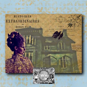 May include: A vintage-inspired illustration featuring a woman with dark hair and a black dress, standing in front of a large, old house. The house has a dark green exterior and multiple windows. The image has a distressed, antique look and includes the text "HISTOIRES EXTRAORDINAIRES PAR EDGAR POE".