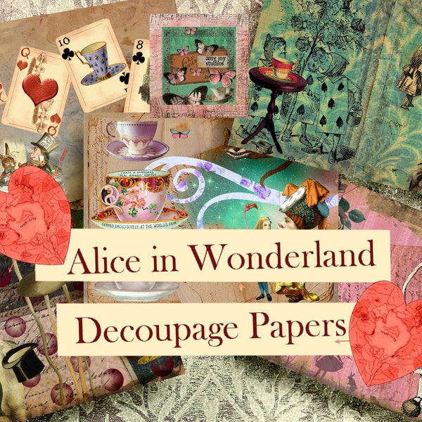 Carte per decoupage Alice nel Paese delle Meraviglie Fogli di carta decorativa Arte stampabile Confezione di carta vintage Alice nel Paese delle Meraviglie materiali misti
