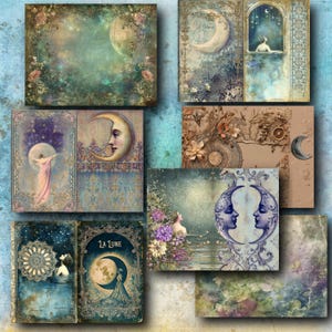 K&ouml;nnte beinhalten: Eine Sammlung von Kunstdrucken im Vintage-Stil mit himmlischen und floralen Themen. Die Drucke zeigen Monde, Frauen und florale Elemente in einer sanften Farbpalette aus Blau, Gr&uuml;n und Rosa. Einige Drucke enthalten den Text "La Lune".