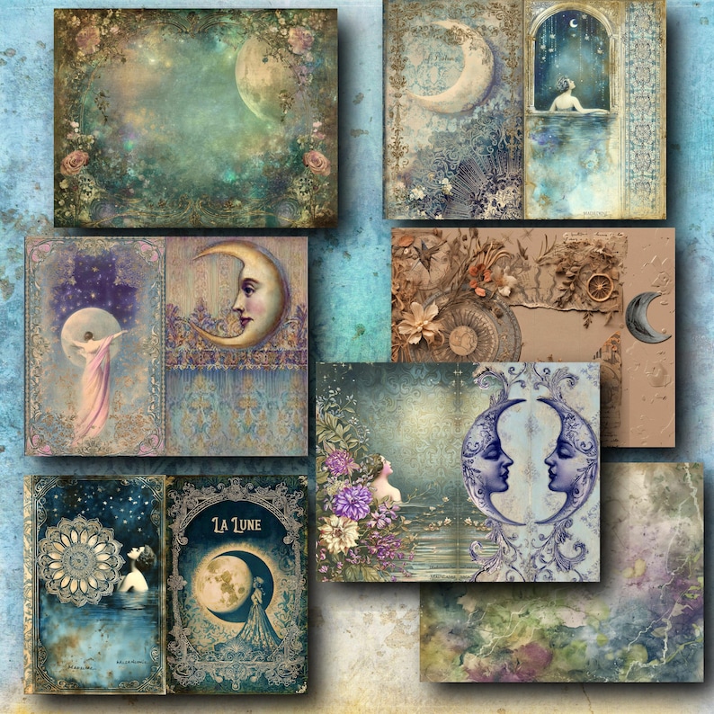 K&ouml;nnte beinhalten: Eine Sammlung von Kunstdrucken im Vintage-Stil mit himmlischen und floralen Themen. Die Drucke zeigen Monde, Frauen und florale Elemente in einer sanften Farbpalette aus Blau, Gr&uuml;n und Rosa. Einige Drucke enthalten den Text "La Lune".
