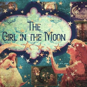 以下が含まれることがあります： 三日月と星が描かれたヴィンテージスタイルのイラスト。"THE GIRL IN THE MOON"というテキストが装飾的なフォントで書かれています。この画像は、幻想的で夢のような雰囲気を持っています。
