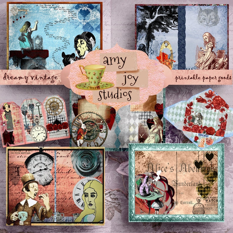 Alice in Wonderland Journal Collage Art Digital Journal Pages Printable Journal Pages Clipart Smashbook Junk Journal Mini Album image 1