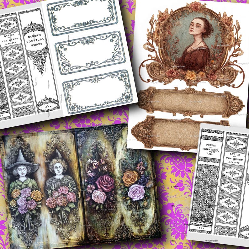 May include: A collection of vintage-style ephemera, including decorative labels, book covers, and a portrait. The labels feature ornate frames and floral designs. The book covers and portrait have a distressed, antique appearance, with a color palette of browns, greens, and purples.