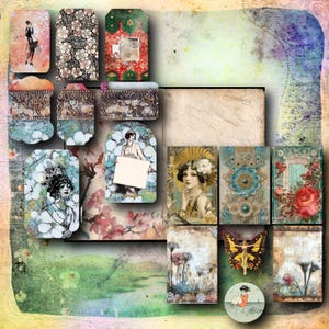 May include: A collection of vintage-style tags and cards with various designs. Some feature Art Deco illustrations of women, floral patterns, and a butterfly. The color palette includes blues, greens, reds, and browns, with a distressed, aged aesthetic.
