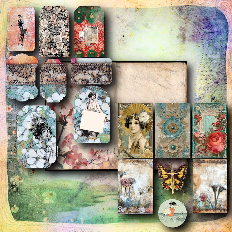 May include: A collection of vintage-style tags and cards with various designs. Some feature Art Deco illustrations of women, floral patterns, and a butterfly. The color palette includes blues, greens, reds, and browns, with a distressed, aged aesthetic.
