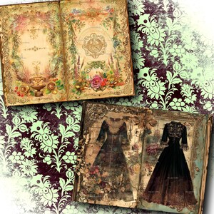 May include: Two open antique books with ornate floral and botanical illustrations. One book features a decorative fountain and floral arrangements. The other book displays two vintage dresses. The background is a dark burgundy and mint green floral pattern.