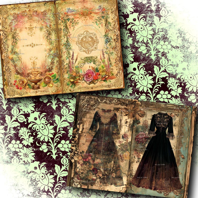May include: Two open antique books with ornate floral and botanical illustrations. One book features a decorative fountain and floral arrangements. The other book displays two vintage dresses. The background is a dark burgundy and mint green floral pattern.