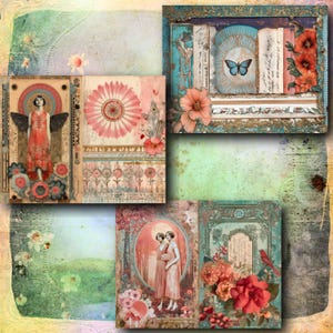 May include: A collage of vintage-style art prints. The prints feature illustrations of women, flowers, butterflies, and decorative elements in shades of coral, teal, and beige. The overall aesthetic is reminiscent of antique ephemera and art deco design.