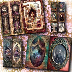 May include: A collection of vintage-style art prints and journals. The prints feature mystical and gothic themes, including portraits, floral arrangements, and celestial elements. The color palette includes deep reds, greens, and golds, with intricate frame designs and decorative borders.