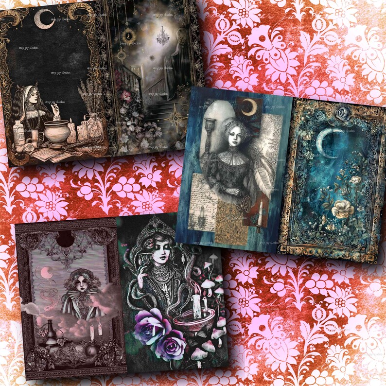 May include: A collection of vintage-style art prints featuring gothic and mystical themes. The prints showcase illustrations of women, moons, candles, and floral elements, with a color palette of black, blue, and gold. The background is a red floral pattern.