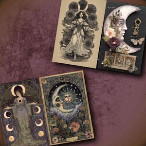 May include: A selection of art prints with celestial and mystical imagery. The prints depict illustrations of women, moons, and stars, with a vintage style. One print has the word "MIDNIGHT" at the bottom. The colour scheme includes beige, purple, and gold.