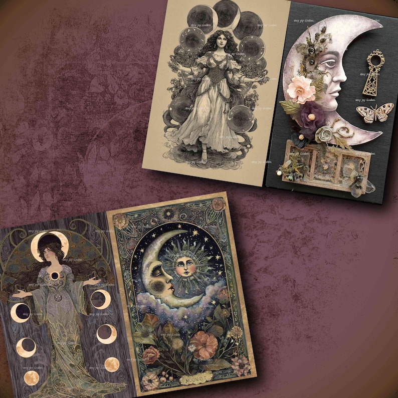 May include: A selection of art prints with celestial and mystical imagery. The prints depict illustrations of women, moons, and stars, with a vintage style. One print has the word "MIDNIGHT" at the bottom. The colour scheme includes beige, purple, and gold.