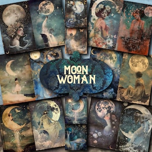 May include: A collage of digital art featuring women and moons in a variety of poses and settings. The images are in a vintage style with muted colors and a dreamy aesthetic. The text "Moon Woman" is featured in the center of the collage.
