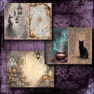 May include: A collage of vintage-style illustrations with a witch, a black cat, a cauldron, and celestial elements. The color palette includes sepia tones, purple, and gold, evoking a mystical and gothic aesthetic. The images are arranged on a textured background.