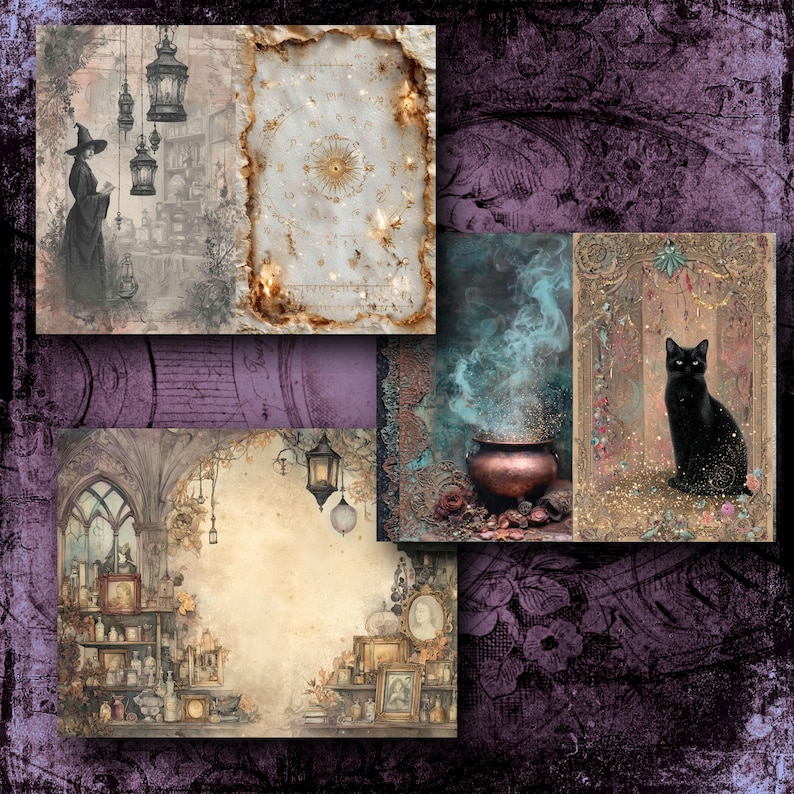 May include: A collage of vintage-style illustrations with a witch, a black cat, a cauldron, and celestial elements. The color palette includes sepia tones, purple, and gold, evoking a mystical and gothic aesthetic. The images are arranged on a textured background.