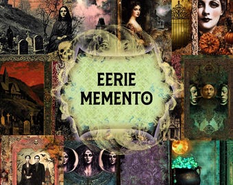 May include: A collage of vintage gothic art with a central text that reads "EERIE MEMENTO". The artwork features images of cemeteries, portraits, and mystical elements in a dark, antique style. The color palette includes deep reds, greens, and purples.