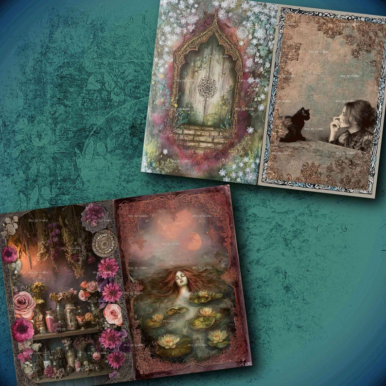 May include: A selection of open art journals with fantasy illustrations. One shows a wooden door with floral details, another a woman with a black cat, and a third a woman in water lilies. The journals have decorative borders and a vintage style.
