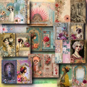 May include: A collage of vintage-style art prints featuring women, flowers, and decorative elements. The color palette includes soft blues, pinks, and creams, with a distressed, aged appearance. The prints evoke a bohemian or art nouveau aesthetic.