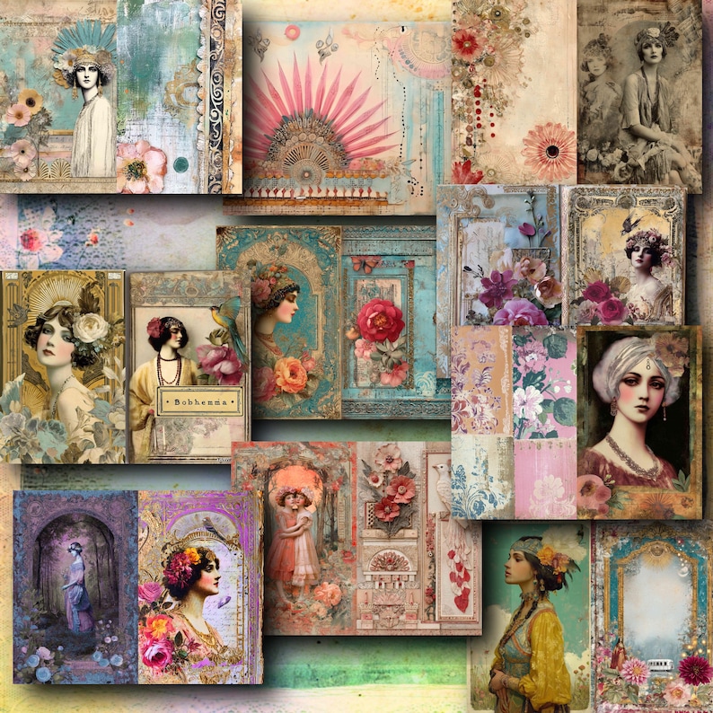 May include: A collage of vintage-style art prints featuring women, flowers, and decorative elements. The color palette includes soft blues, pinks, and creams, with a distressed, aged appearance. The prints evoke a bohemian or art nouveau aesthetic.