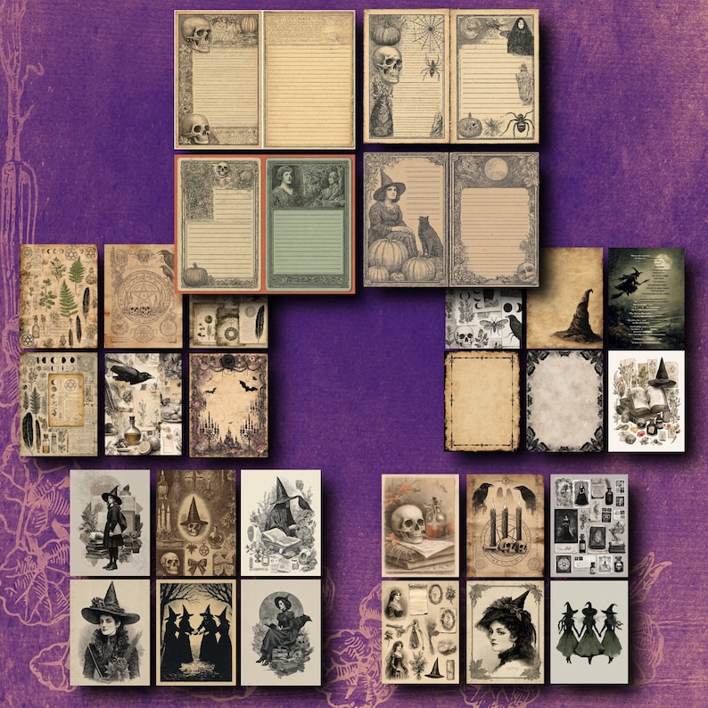 May include: A collection of vintage-style Halloween-themed stationery and ephemera. The designs include illustrations of skulls, witches, pumpkins, bats, and other spooky elements. The color palette is primarily sepia, beige, and black, with some green and orange accents.
